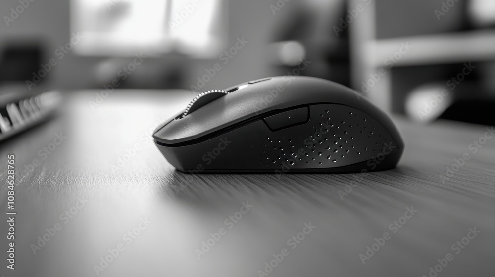 a black computer mouse with a button a black computer mouse with a button
