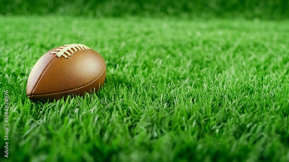 Green grass with an American football, perfect sports-themed background.