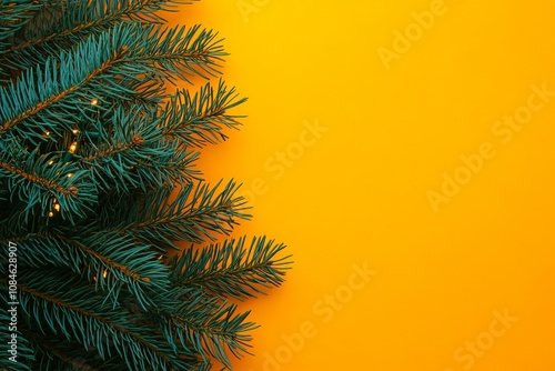 A vibrant pine tree close-up against a striking yellow background.