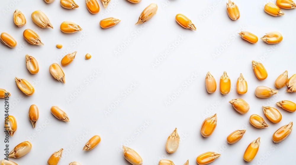 A collection of yellow corn seeds scattered and isolated against a white background, showcasing their natural texture and vibrant color. A collection of yellow corn seeds scattered and isolated against a white background, showcasing their natural texture and vibrant color.