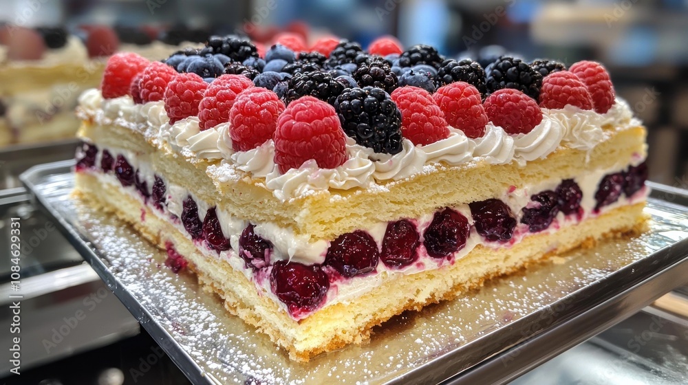 A Slice of Layered Cake with Raspberries, Blackberries, and Blueberries A Slice of Layered Cake with Raspberries, Blackberries, and Blueberries
