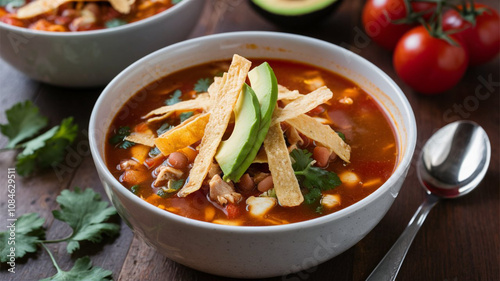 Chicken Tortilla Soup: Spicy, flavorful soup with chicken, tomatoes, and beans, topped with crispy tortilla strips