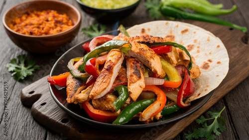 Chicken Fajitas: Sizzling strips of marinated chicken with grilled peppers and onions, served with tortillas