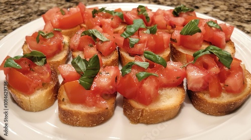 Toasted Baguettes Topped with Diced Tomatoes and Basil