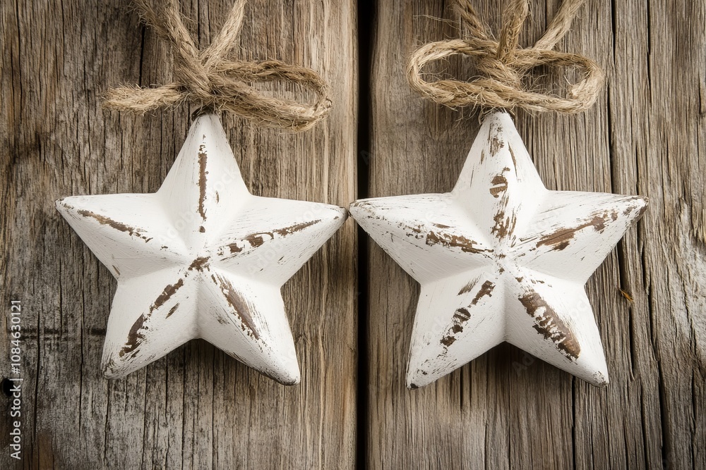 Two elegant white stars suspended by a rope against a rustic wooden backdrop.