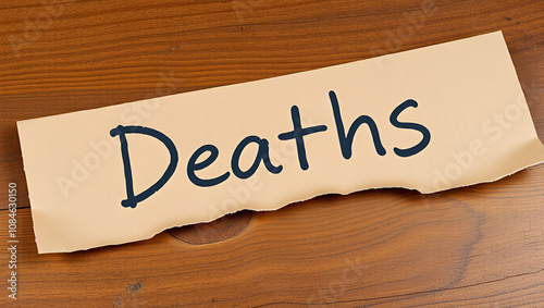 Word writing text Deaths. Business photo showcasing permanent cessation of all vital signs, instance of dying individual Rolled ripped torn cardboard placed above a wooden classic table backdrop photo