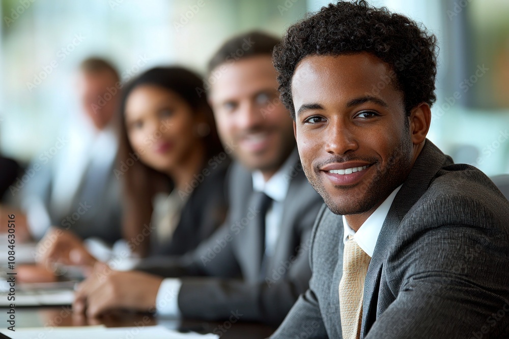 A Confident Businessman Smiles at the Camera During a Meeting A Confident Businessman Smiles at the Camera During a Meeting