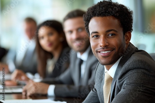 A Confident Businessman Smiles at the Camera During a Meeting