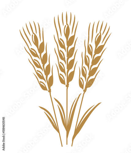 Wheat stalks with grains and leaves symbol. Vector illustration for bread, whisky, beer, malt, flour packaging