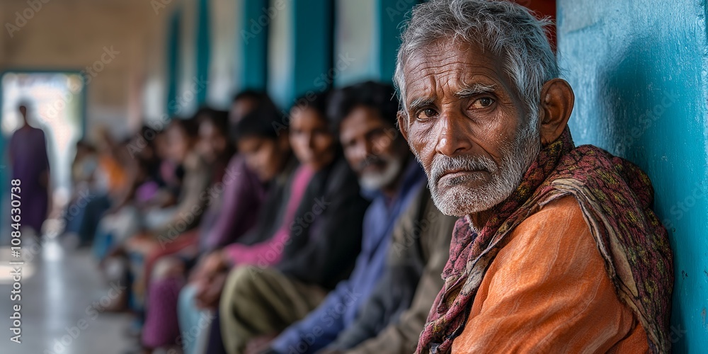 An Elderly Man With a Deep Expression Waits Quietly With Others in a Rural Community Center in India During the Late Afternoon Hours of a Warm Day An Elderly Man With a Deep Expression Waits Quietly With Others in a Rural Community Center in India During the Late Afternoon Hours of a Warm Day