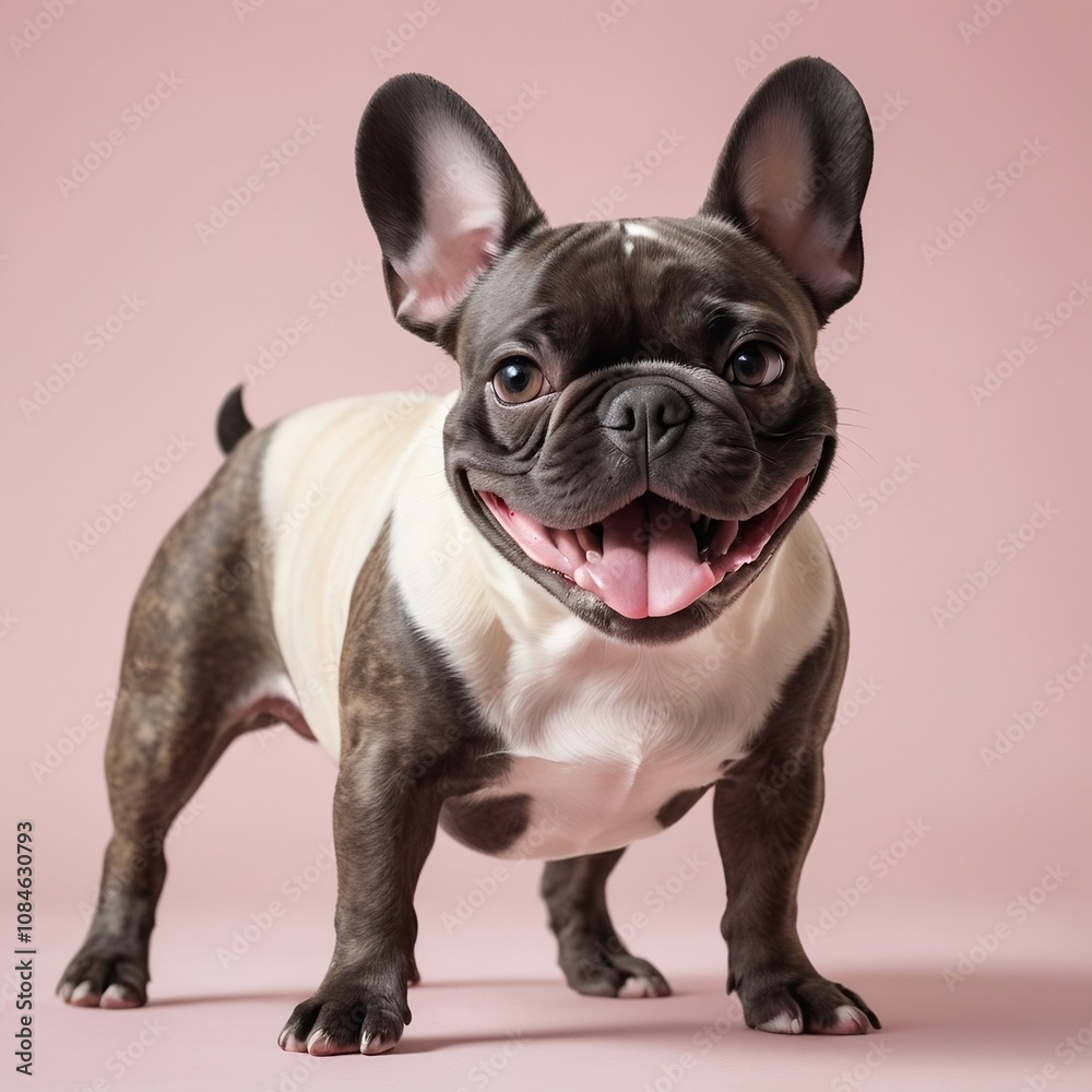 Happy French Bulldog on a Pink Background. Generative by Ai. Happy French Bulldog on a Pink Background. Generative by Ai.