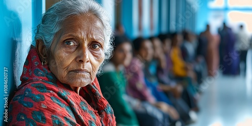Elderly Woman Waiting Quietly in a Brightly Colored Corridor Filled With Other Patients in an Indian Hospital During the Day