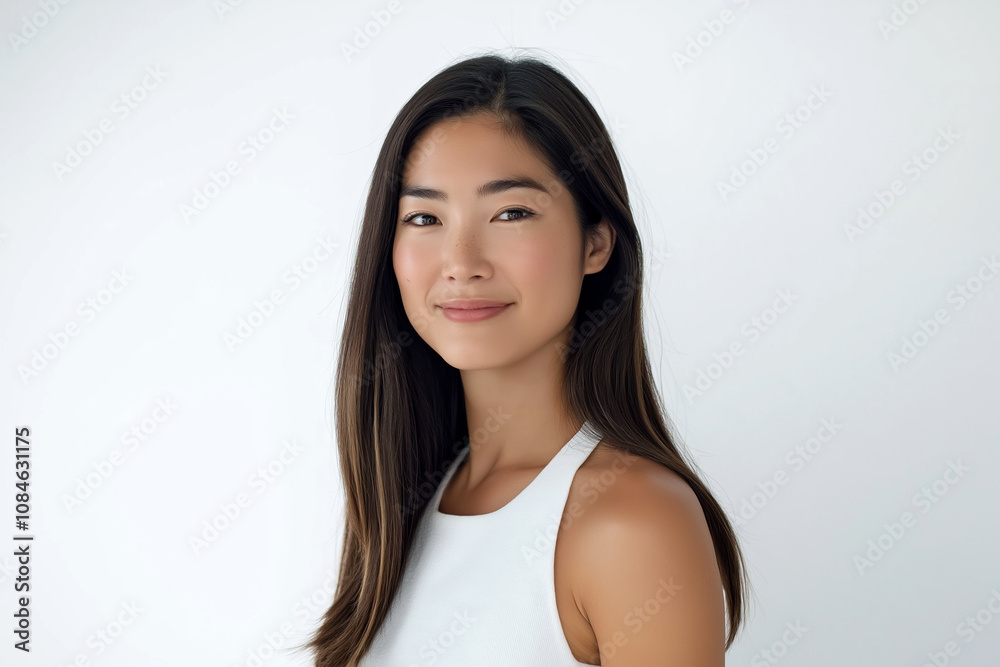Portrait of a Smiling Woman with Long Straight Hair Against a Minimalist White Background Portrait of a Smiling Woman with Long Straight Hair Against a Minimalist White Background