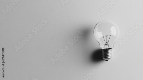 A single light bulb on a white background, with space for copy. photo