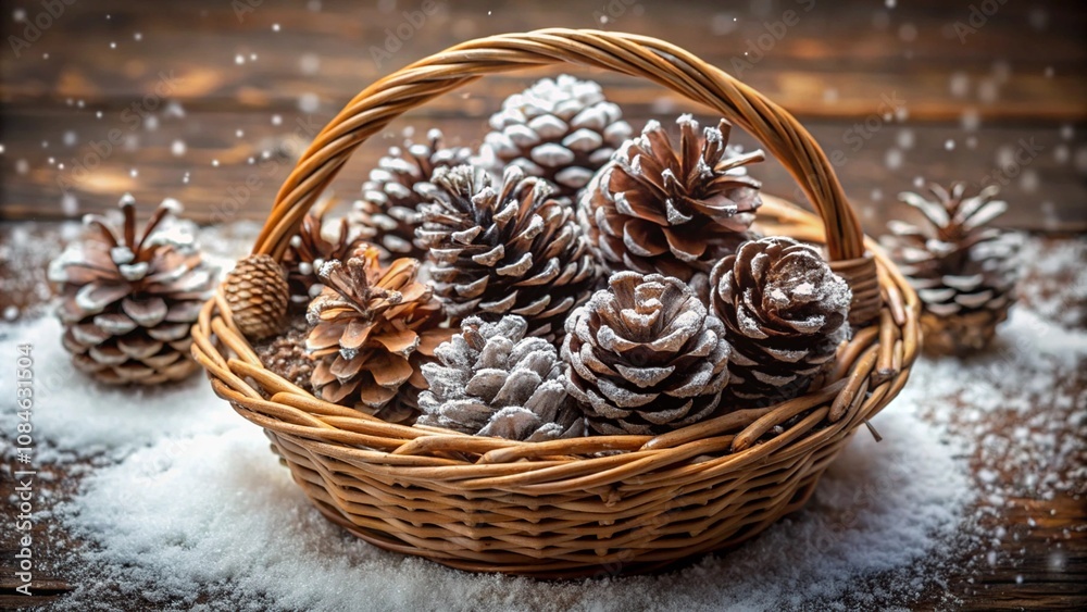 A woven basket filled with pinecones dusted with white snowy glitter. A woven basket filled with pinecones dusted with white snowy glitter.