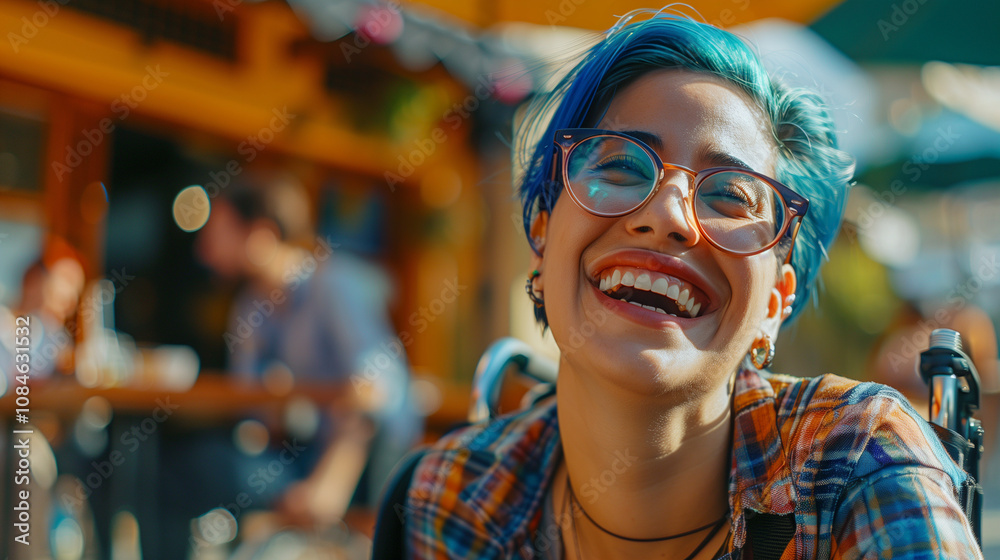 Happy disabled indian woman with blue hair in a wheelchair socialising and laughing with friends. Inclusion and diversity in LGBTQ gay community Happy disabled indian woman with blue hair in a wheelchair socialising and laughing with friends. Inclusion and diversity in LGBTQ gay community