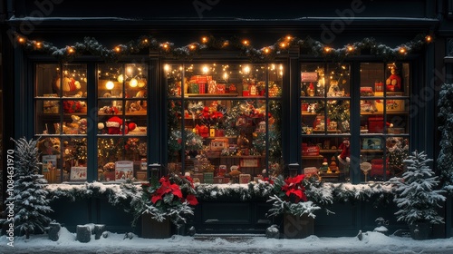 Christmas toy store window display with wooden toys and snowy decor