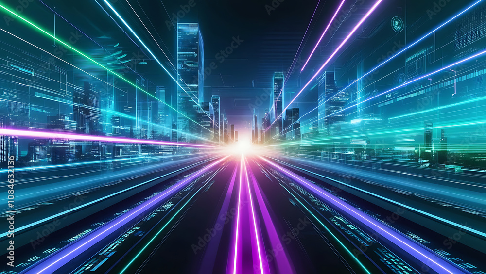 Obraz premium Speed Light Motion Background - Digital City, Tech Concept, Data Trail