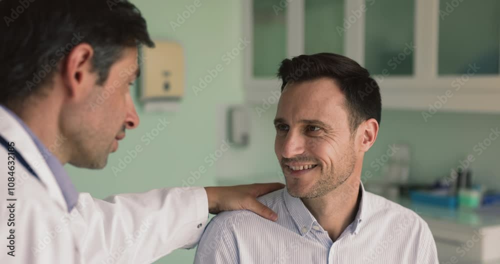 Friendly physician giving support to male patient, encouraging and touching his shoulder, telling good news, congratulates on recovery, good news about optimistic medical examination results, close up Friendly physician giving support to male patient, encouraging and touching his shoulder, telling good news, congratulates on recovery, good news about optimistic medical examination results, close up