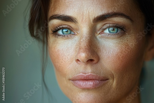 Close-up Portrait of a Woman with Blue Eyes and Wrinkles