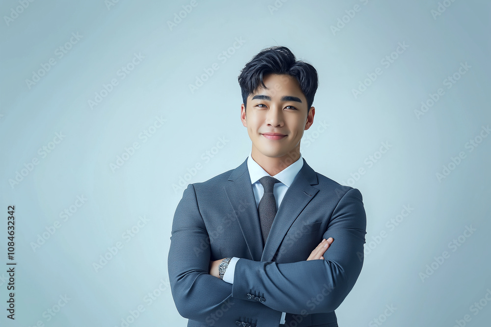 Confident young Asian businessman in a formal suit smiling with arms crossed on a blue background, copy space Confident young Asian businessman in a formal suit smiling with arms crossed on a blue background, copy space