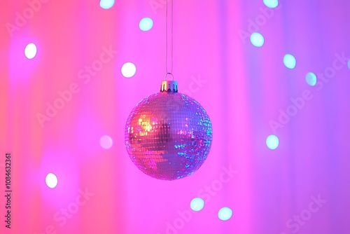 A sparkling disco ball suspended on a string, illuminated by colorful lights in the backdrop.