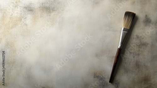 A single paintbrush lies on a textured, light brown surface, with plenty of copy space.