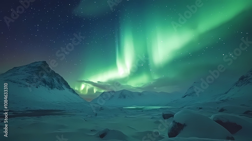 Landscape with northern lights. Aurora. Illustration