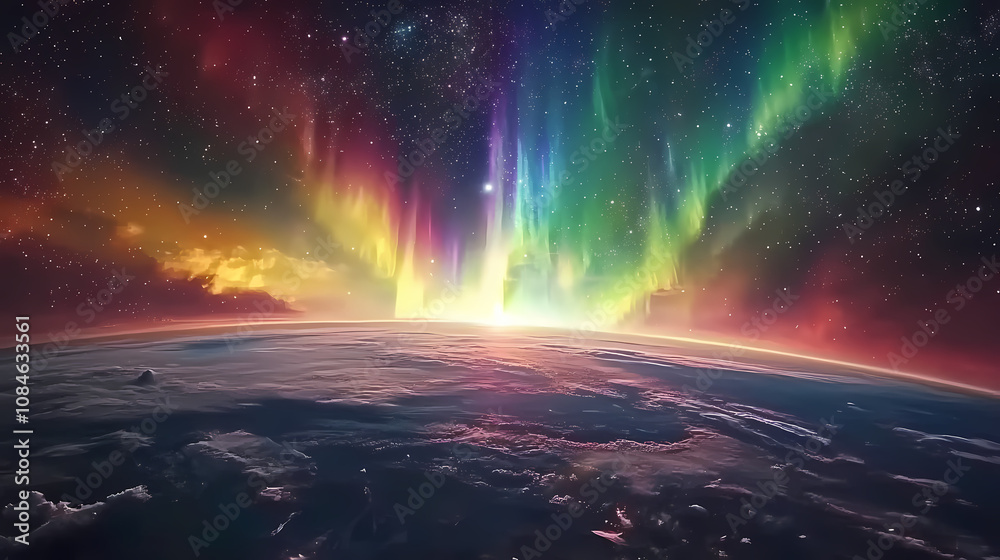 Mesmerizing view of the aurora borealis from space, displaying vibrant colors over the earth with a starry galaxy background. Aurora. Illustration Mesmerizing view of the aurora borealis from space, displaying vibrant colors over the earth with a starry galaxy background. Aurora. Illustration