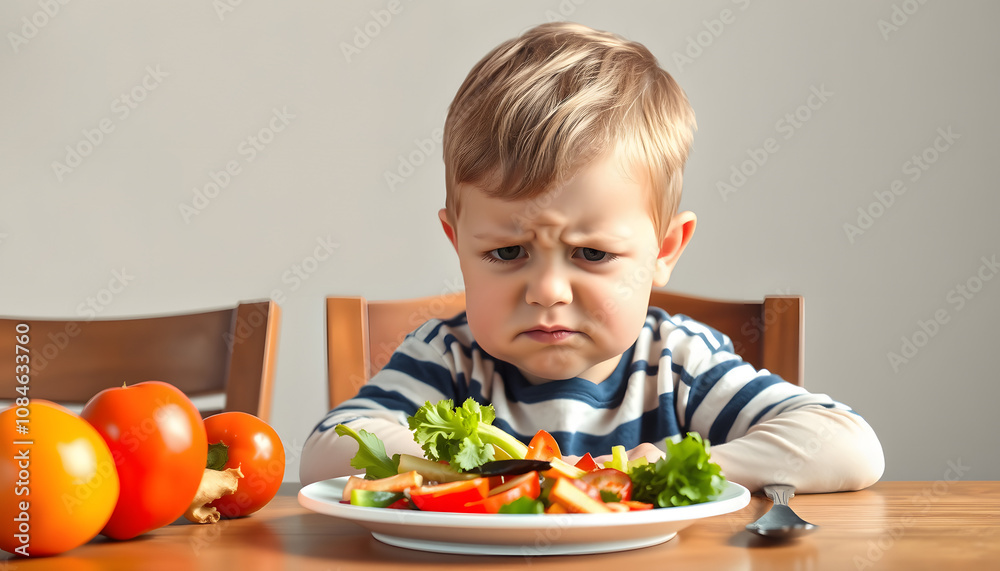 Cute little boy sitting at the table, unhappy with his vegetable meal, bad eating habits, nutrition and healthy eating concept isolated with white highlights, png