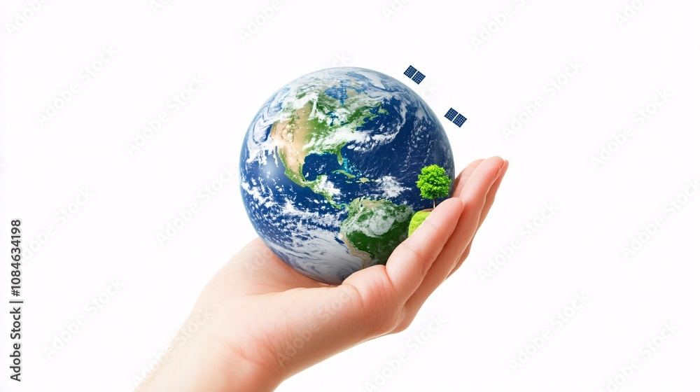 A close-up view of a hand holding a digital Earth with floating eco-friendly symbols like solar panels A close-up view of a hand holding a digital Earth with floating eco-friendly symbols like solar panels