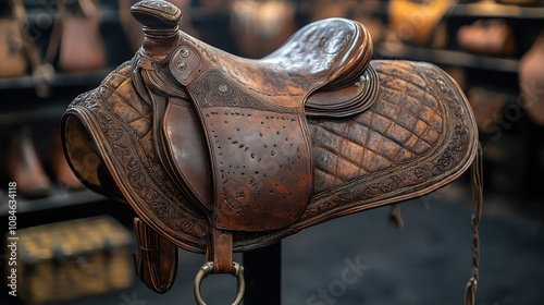 a brown leather saddle on a stand