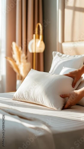 Room service setting with fresh linens and pillows on sunlight.