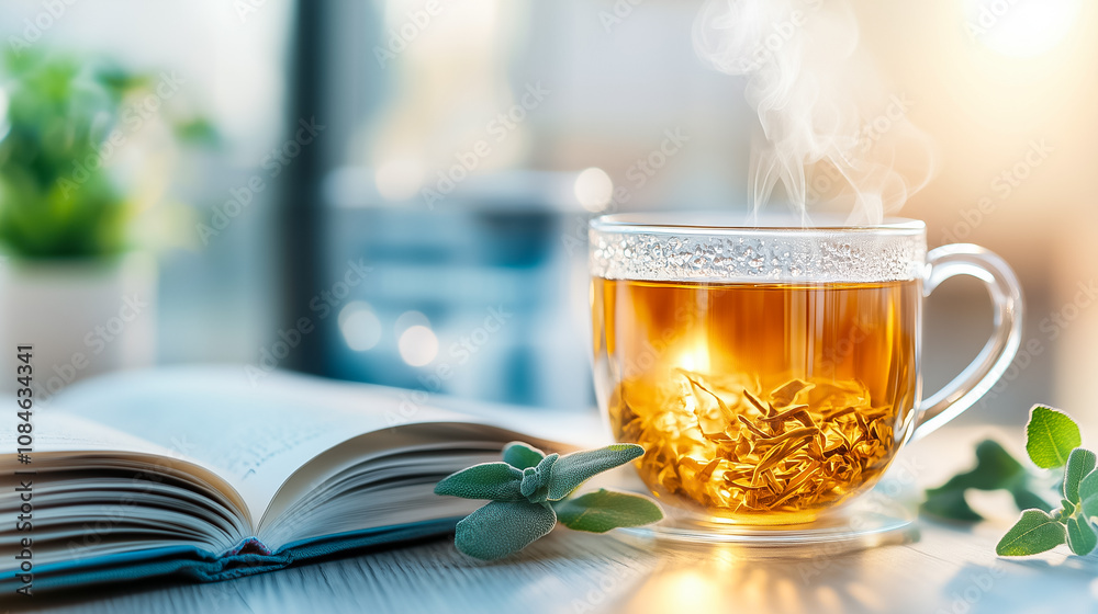 Enjoy the warmth of herbal tea in a cup next to an open book, creating a perfect moment of tranquility and leisure. Enjoy the warmth of herbal tea in a cup next to an open book, creating a perfect moment of tranquility and leisure.