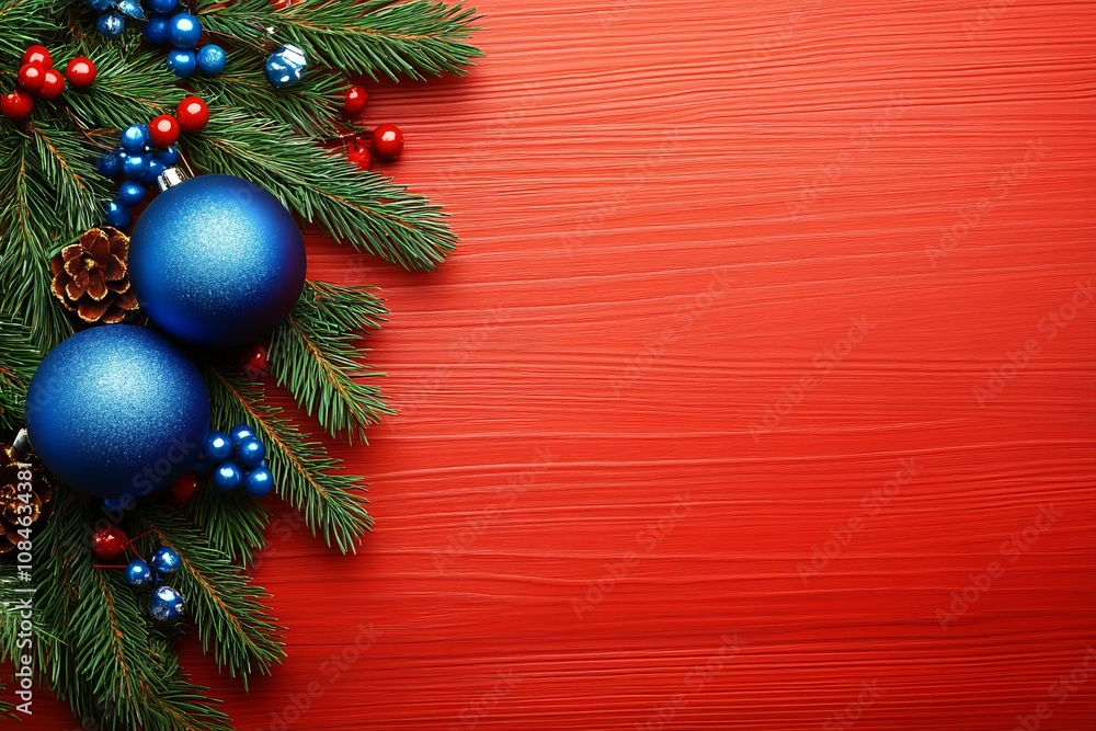 Three blue ornaments with pine cones on a vibrant red background. Three blue ornaments with pine cones on a vibrant red background.