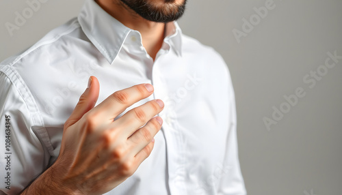 A man in a white shirt puts an anti-smoking plaster on his body. Getting rid of the bad habit of smoking. Copy space for text isolated with white highlights, png photo