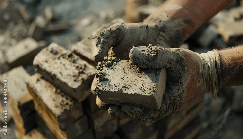 Obraz premium hand of construction worker, industrial bricklayer installing bricks on construction site