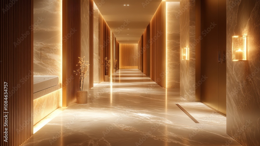 A long, narrow hallway with warm lighting and marble floors. A long, narrow hallway with warm lighting and marble floors.
