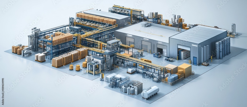 An isometric view of a modern factory with a large warehouse and production lines. The factory is surrounded by boxes, pallets, and machinery.