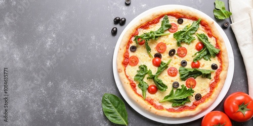 Fresh baked pizza with tomatoes and olives on the grey background 