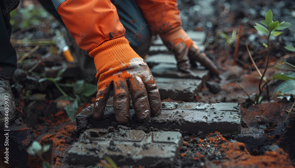 Hands of a builder in his orange gloved hands fitting laying new exterior paving stones carefully placing one in position on a leveled and raked soil base. Sand foundation. Building Hands of a builder in his orange gloved hands fitting laying new exterior paving stones carefully placing one in position on a leveled and raked soil base. Sand foundation. Building