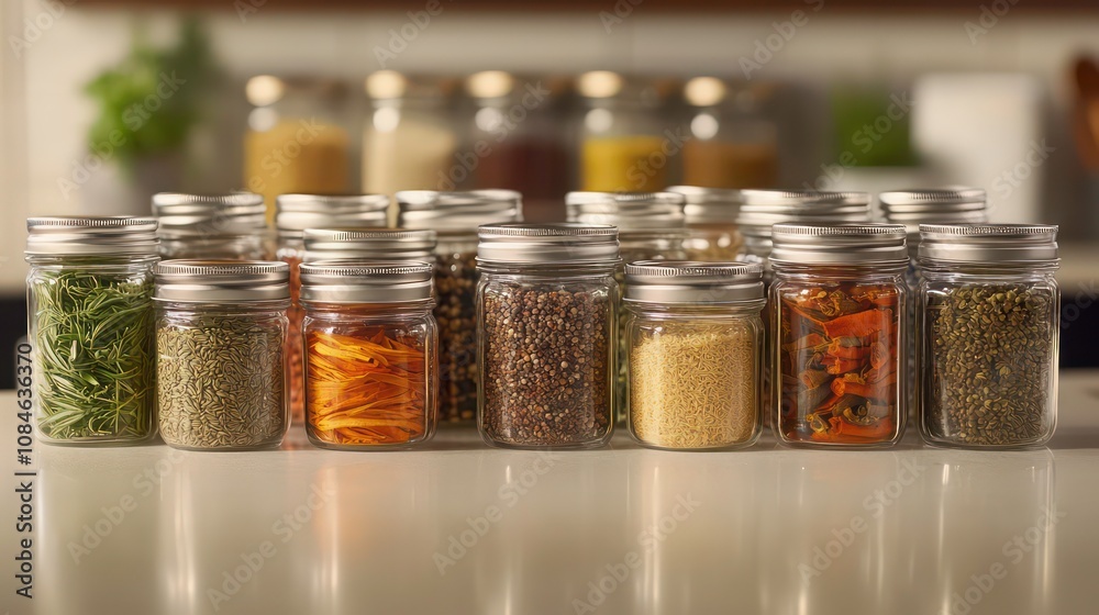A group of small jars filled with various spices, neatly organized on a kitchen counter, symbolizing culinary creativity and organization. A group of small jars filled with various spices, neatly organized on a kitchen counter, symbolizing culinary creativity and organization.