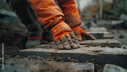 Hands of a builder in his orange gloved hands fitting laying new exterior paving stones carefully placing one in position on a leveled and raked soil base. Sand foundation. Building