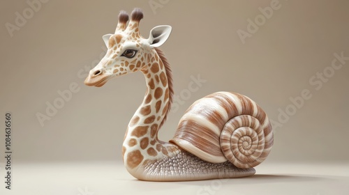 A whimsical sculpture of a giraffe with a snail shell, showcasing creativity and artistry in a minimalist setting photo