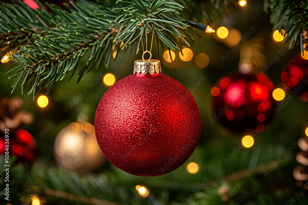 Christmas ornament hanging on a tree with twinkling lights in the background. Christmas ornament hanging on a tree with twinkling lights in the background.