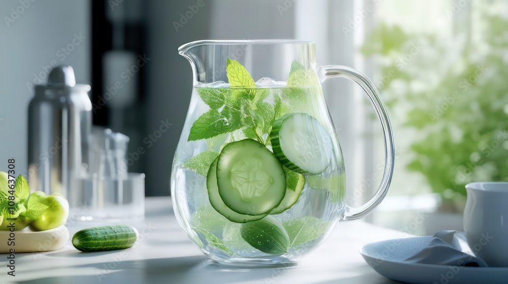 Refreshing cucumber and mint infused water in a glass pitcher on a table with natural light. Refreshing cucumber and mint infused water in a glass pitcher on a table with natural light.