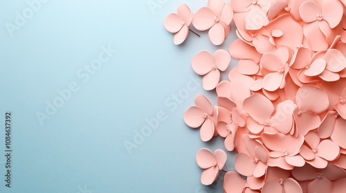 Abstract composition of pink paper flowers on a light blue background, showcasing delicate and artistic floral arrangement in soft pastel tones