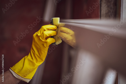 Caucasian male builder washes window frames with a sponge.