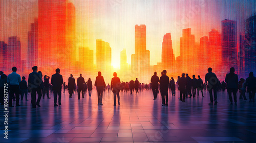 Silhouettes of People Against a Vibrant Digital Skyline at Sunset