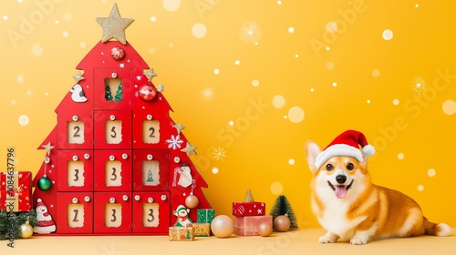 Festive Corgi in Santa Hat with Advent Calendar and Christmas Decorations on Yellow Background